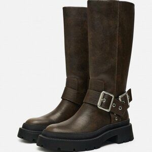 NWT ZARA BROWN BIKER TRACK-SOLE BOOTS WITH BUCKLES, SZ US 7.5 / EU 38
